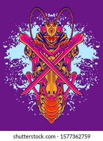 mechanical grasshopper steampunk illustration and tshirt design