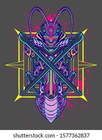 mechanical grasshopper steampunk illustration and tshirt design