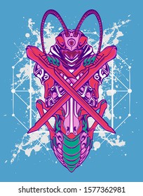 mechanical grasshopper steampunk illustration and tshirt design