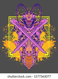 mechanical grasshopper steampunk illustration and tshirt design