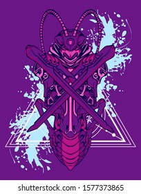 mechanical grasshopper steampunk illustration and tshirt design