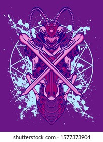 mechanical grasshopper steampunk illustration and tshirt design