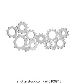 Mechanical gray gears of different size and type, on white background