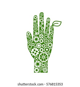 Mechanical green hand of  gears with leaf. Isolated on white background. Eco friendly technology icon. World Environment day label.  Bio technology. Vector illustration.