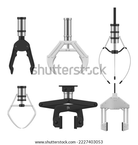 Mechanical grippers robotic claws industrial transfer set realistic vector illustration. Grabbing arm technological mechanism plastic metallic robot factory chain automatic technology conveyor crane Foto stock © 