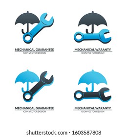 Mechanical guarantee logotype, with spanner and umbrella icon. icolate on white background