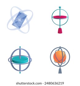 Mechanische Gyroskop-Symbole setzen Cartoon-Vektorgrafik. Gyroskop mit rotierender Scheibe. Stabilität des Navigationssystems