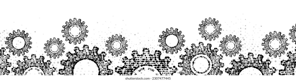Mechanical halftone  vector background frame. Pattern of linear particles, circles, spheres. Texture of gears made of plexus dots. Poster for presentation, technology, medicine, business.	