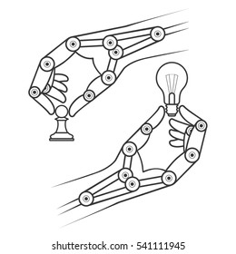 Mechanical hand holds objects, a symbol of the concept of technological development.
