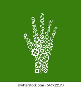 Mechanical hand with white gears isolated on green. Eco friendly technology icon. Bio technology. World Environment day label. Vector illustration. Robot 