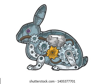 Mechanical Hare rabbit animal color sketch engraving vector illustration. Scratch board style imitation. Black and white hand drawn image.