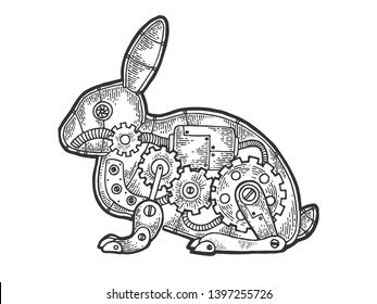 Mechanical Hare rabbit animal sketch engraving vector illustration. Scratch board style imitation. Black and white hand drawn image.