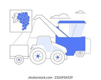 Cosecha mecánica de uvas abstractas de concepto de ilustración vectorial. Proceso de recolección de uvas utilizando maquinaria, industria alimentaria, producción de vino, producción de bebidas metáforas abstractas.