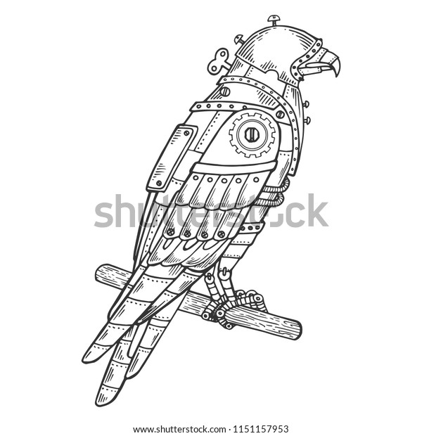 機械式鷹鳥の動物彫刻ベクターイラスト スクラッチボードのスタイルの模倣 白黒の手描きの画像 のベクター画像素材 ロイヤリティフリー