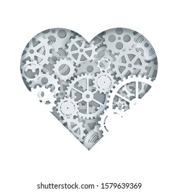 Mechanical heart with cogwheel gear clock mechanism, vector illustration in paper art modern craft style. Steampunk style heart.