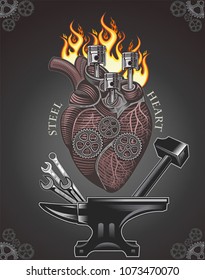 Mechanical heart. Emotions, love, feeling. Anatomic mechanic heart 