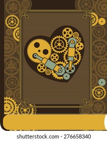 mechanical heart inside the gear and various moving parts  forced to work on the book cover