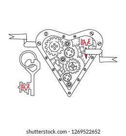 Mechanical heart, the key to the lock in the Steampunk style. "Love" - text. Vector.