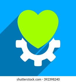 Mechanical Heart long shadow vector icon. Style is a flat Mechanical heart iconic symbol on a blue square background.