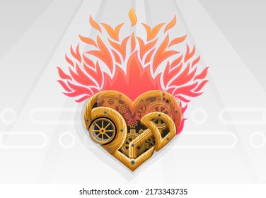 Mechanical Heart on Fire. Golden Heart. Technology, Robots, Cybernetics - Stock Vector
