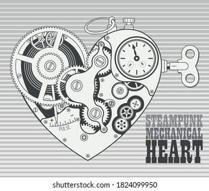 Mechanical heart in steampunk style. Grayscale retro vector illustration.