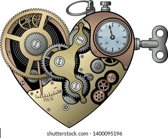 Mechanical heart in steampunk style. Isolated on white. Vector illustration.