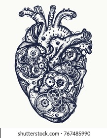 Mechanical heart tattoo. Symbol of emotions, love, feeling. Anatomic mechanic heart steampunk t-shirt design 