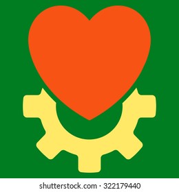 Mechanical Heart vector icon. Style is bicolor flat symbol, orange and yellow colors, rounded angles, green background.