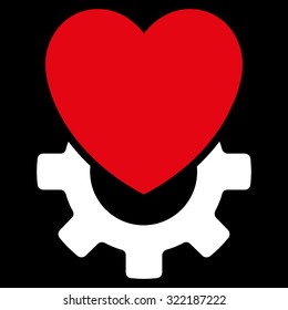Mechanical Heart vector icon. Style is bicolor flat symbol, red and white colors, rounded angles, black background.