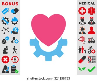 Mechanical Heart vector icon. Style is bicolor flat symbol, pink and blue colors, rounded angles, white background.