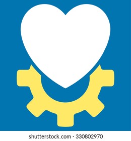 Mechanical Heart vector icon. Style is bicolor flat symbol, yellow and white colors, rounded angles, blue background.