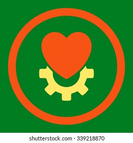 Mechanical Heart vector icon. Style is bicolor flat rounded symbol, orange and yellow colors, rounded angles, green background.