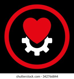 Mechanical Heart vector icon. Style is bicolor flat rounded symbol, red and white colors, rounded angles, black background.