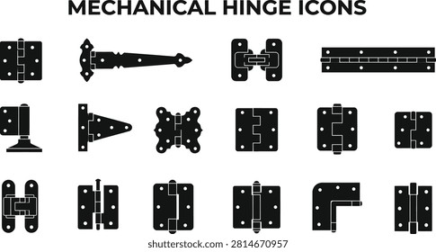 Mechanical Hinge Icon Set – Various Door, Gate, and Cabinet Hinges Silhouettes in Black Vector Illustration for Engineering and Hardware Design