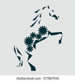 Mechanical horse. Five rotating gears inside the silhouette of the horse. A horse standing on its hind legs. Horsepower. Graphic silhouette of a horse drawn triangles. Clockwork mechanism. Vector Logo