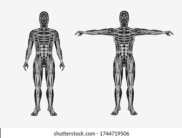 Mechanical human body. Mechanical cyborg with metal body parts artificial automaton futuristic flat design monochrome anatomy vector robot steampunk drawing of steel skeleton.