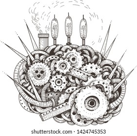 Mechanical human brains. Hand drawn vector illustration. Steampunk style