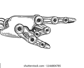 Mechanical human robot hand engraving vector illustration. Scratch board style imitation. Black and white hand drawn image.