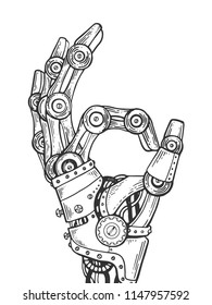 Mechanical human robot hand engraving vector illustration  Scratch board style imitation  Black   white hand drawn image 