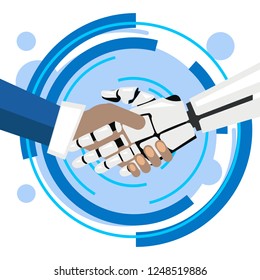 Mechanical human robot handshake . Business make deal metaphor in minimalistic flat style. Cartoon vector illustration