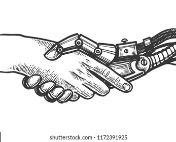 Mechanical human robot handshake engraving vector illustration  Scratch board style imitation  Black   white hand drawn image 