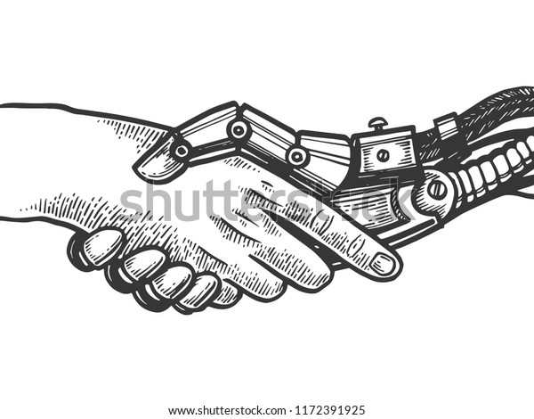 Mechanical Human Robot Handshake Engraving Vector Stock Vector (Royalty ...