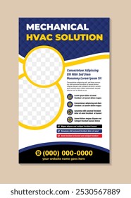 mechanical HVAC Solutions Banner Vector illustration on vertical layout. space for photo collage. combination between blue, black and yellow colors. can be used to flyer, poster, cover and, brochure