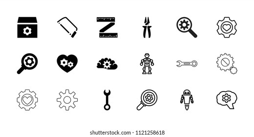 Mechanical icon. collection of 18 mechanical filled and outline icons such as gear, wrench, hacksaw, heart in gear. editable mechanical icons for web and mobile.