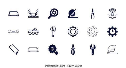 Mechanical icon. collection of 18 mechanical filled and outline icons such as hacksaw, pliers, gear, wrench, robot. editable mechanical icons for web and mobile.