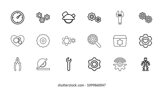 Mechanical icon. collection of 18 mechanical outline icons such as saw blade, heart in gear, robot, gear, clock, wrench. editable mechanical icons for web and mobile.