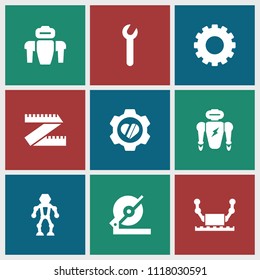 Mechanical icon. collection of 9 mechanical filled icons such as gear, circular saw, heart in gear, wrench, measure ruler. editable mechanical icons for web and mobile.