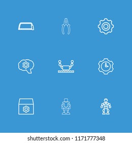 Mechanical icon. collection of 9 mechanical outline icons such as gear, hacksaw, robot, gear  sign symbol, gear clock. editable mechanical icons for web and mobile.