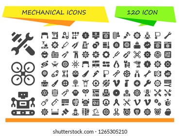 mechanical icon set. 120 filled mechanical icons. Simple modern icons about  - Tools, Robot, Drone, Saw, Drill, Pulley, Gearshift, Gear, Settings, Suspension, Worker, Wrench
