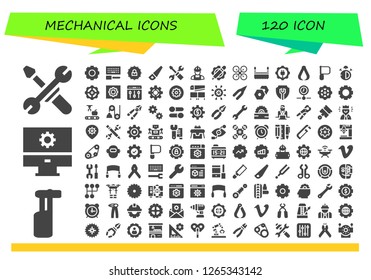  mechanical icon set. 120 filled mechanical icons. Simple modern icons about  - Tools, Electric toothbrush, Settings, Gear, Configuration, Saw, Worker, Drone, Pliers, Stop watch